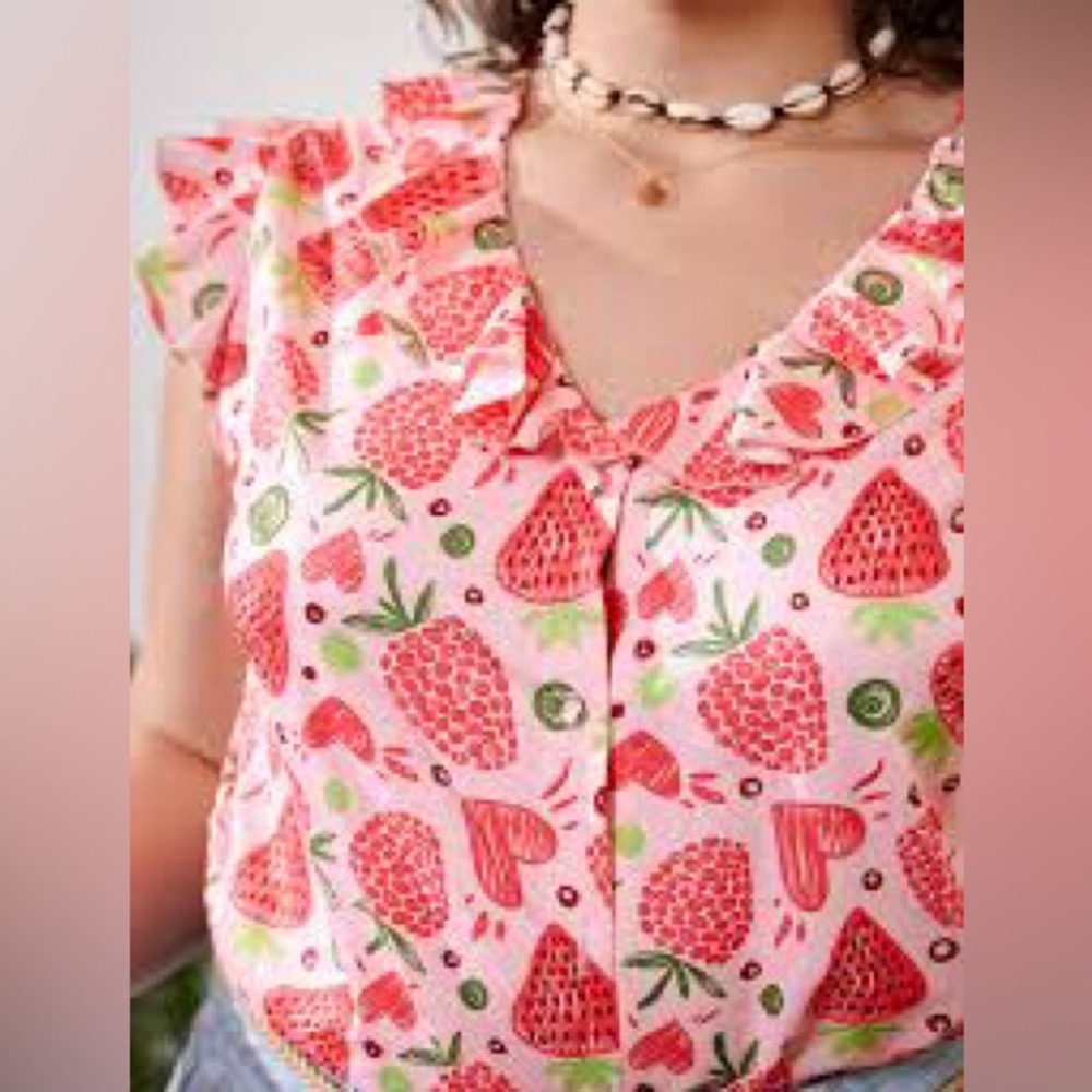 SHEIN Strawberry Print Ruffle Sleeve Blouse Pink Red Multi Size 3XL